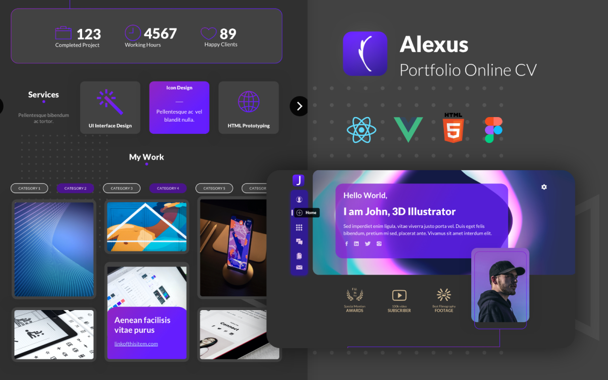 Alexus - Портфолио онлайн CV HTML React Vue и шаблон Figma