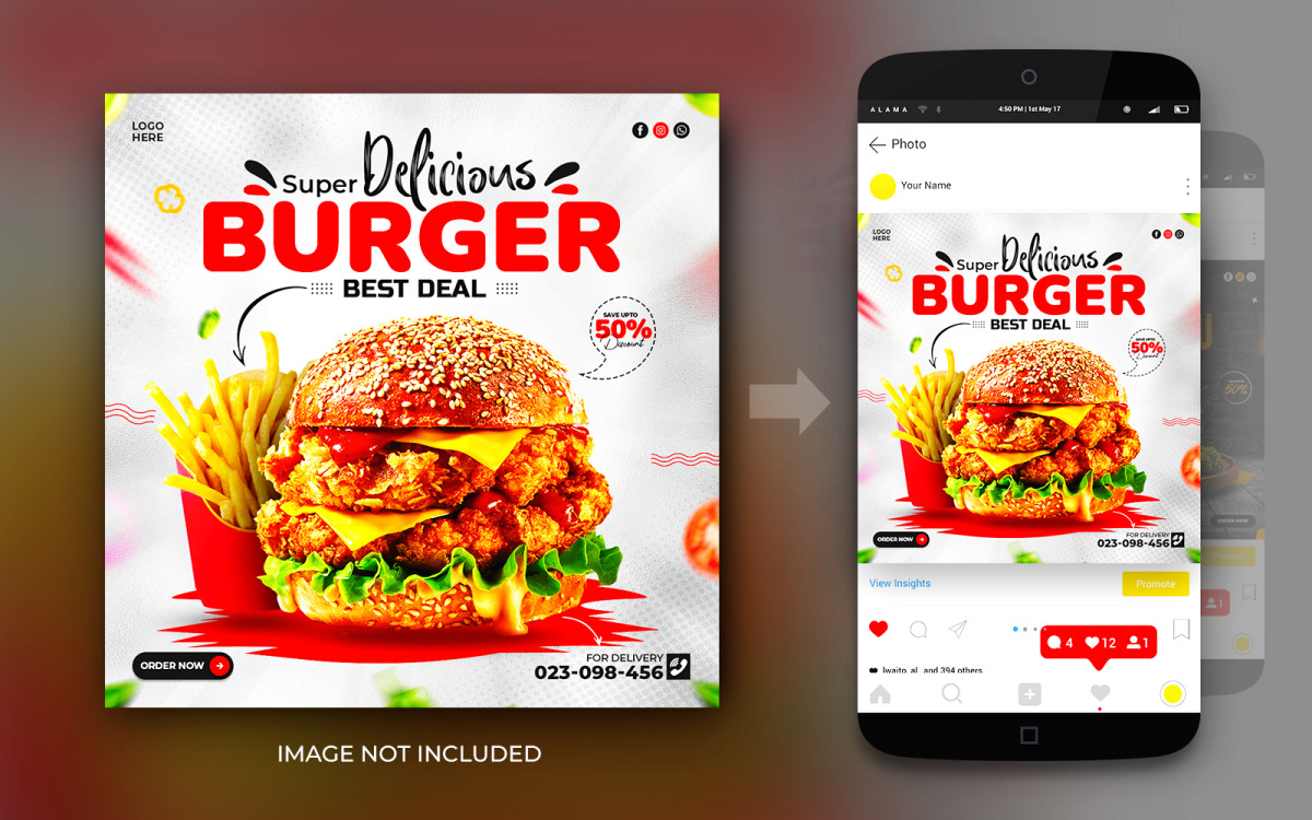 Социальные сети Fried And Chicken Cheese Burger Food Promotion Post Banner  Design Template