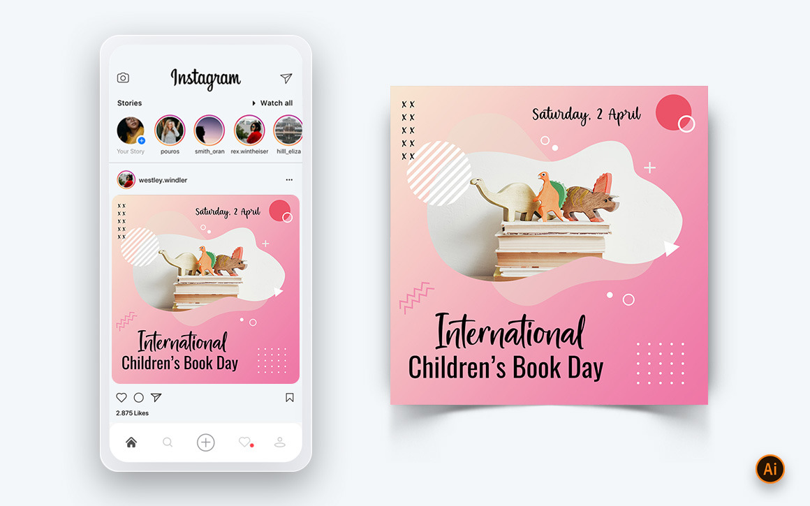 Шаблон оформления поста в социальных сетях Instagram к Международному дню  детской книги Template-13