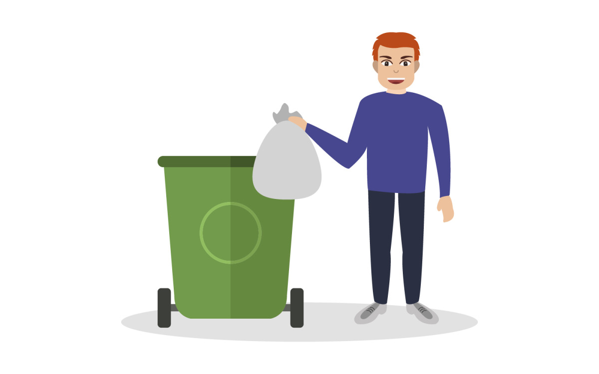 Süßer Junge Wirft Tasse In Mülleimer-Vektor-Illustration