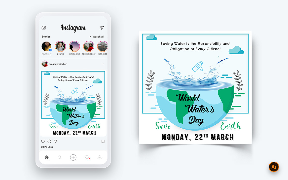 Шаблон оформления поста в социальных сетях Instagram к Всемирному дню воды,  шаблон-03
