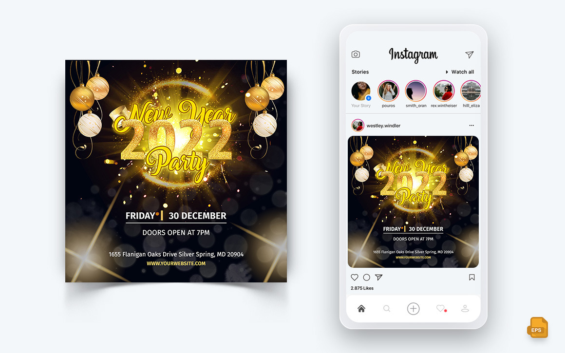 NewYear Party Night Празднование Социальные сети Instagram Post Design  Template-11