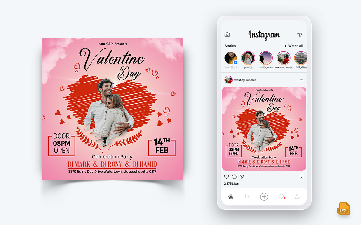 День святого Валентина Вечеринка в социальных сетях Instagram Post Design-01