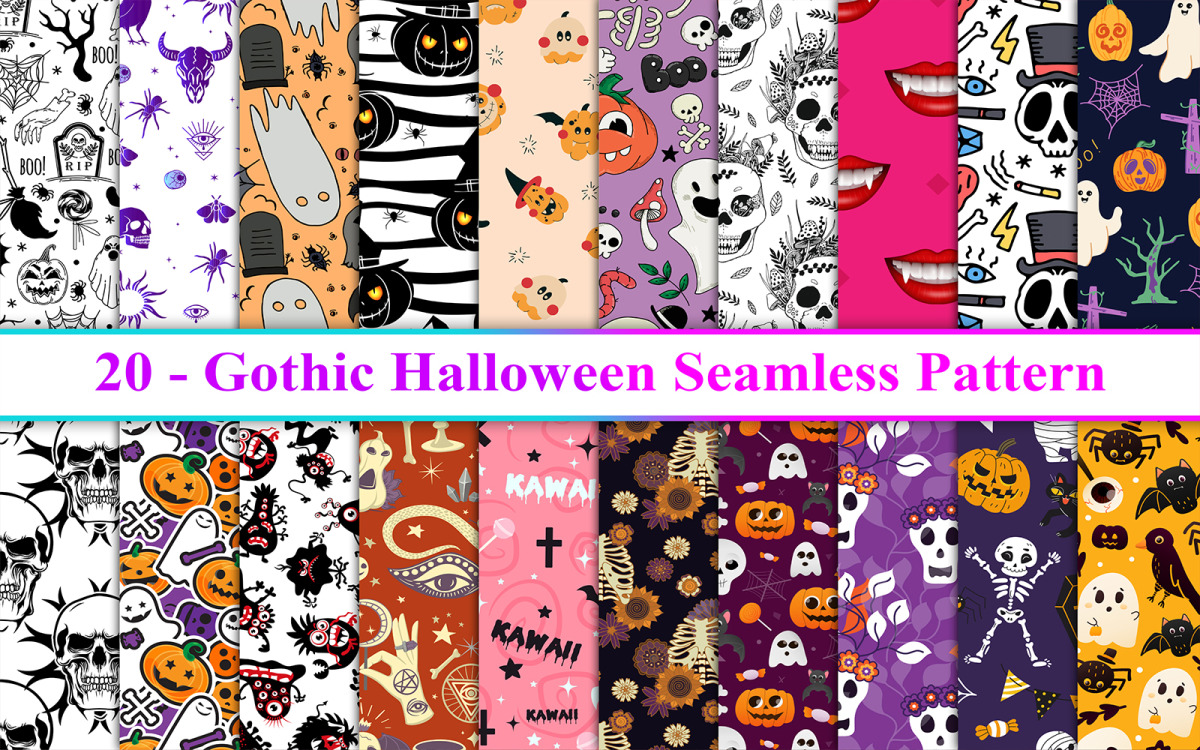 Cute Halloween Paper  Kawaii Seamless Pattern Set