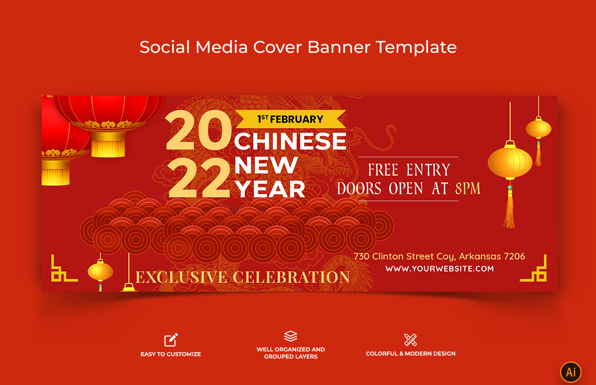 Chinees Nieuwjaar Facebook Cover Banner Ontwerp-11, image size:1160x750