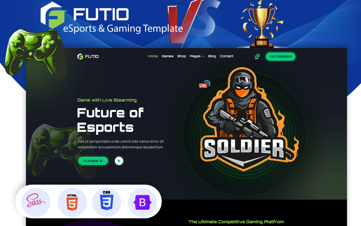 Modelo HTML de torneios online de eSports e jogos, Modelos de site - Envato  Elements