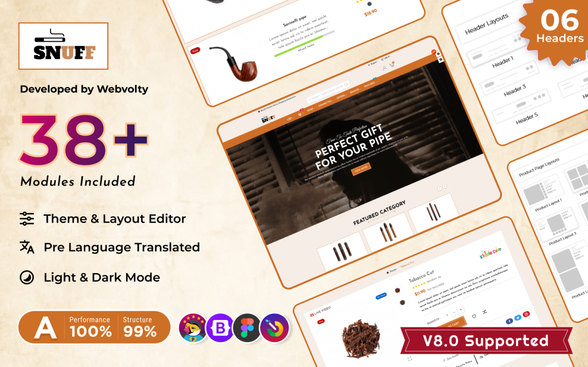 PrestaShop 8.0 Адаптивная тема Snuff Mega Tobacco–Cigar Wine–Vin