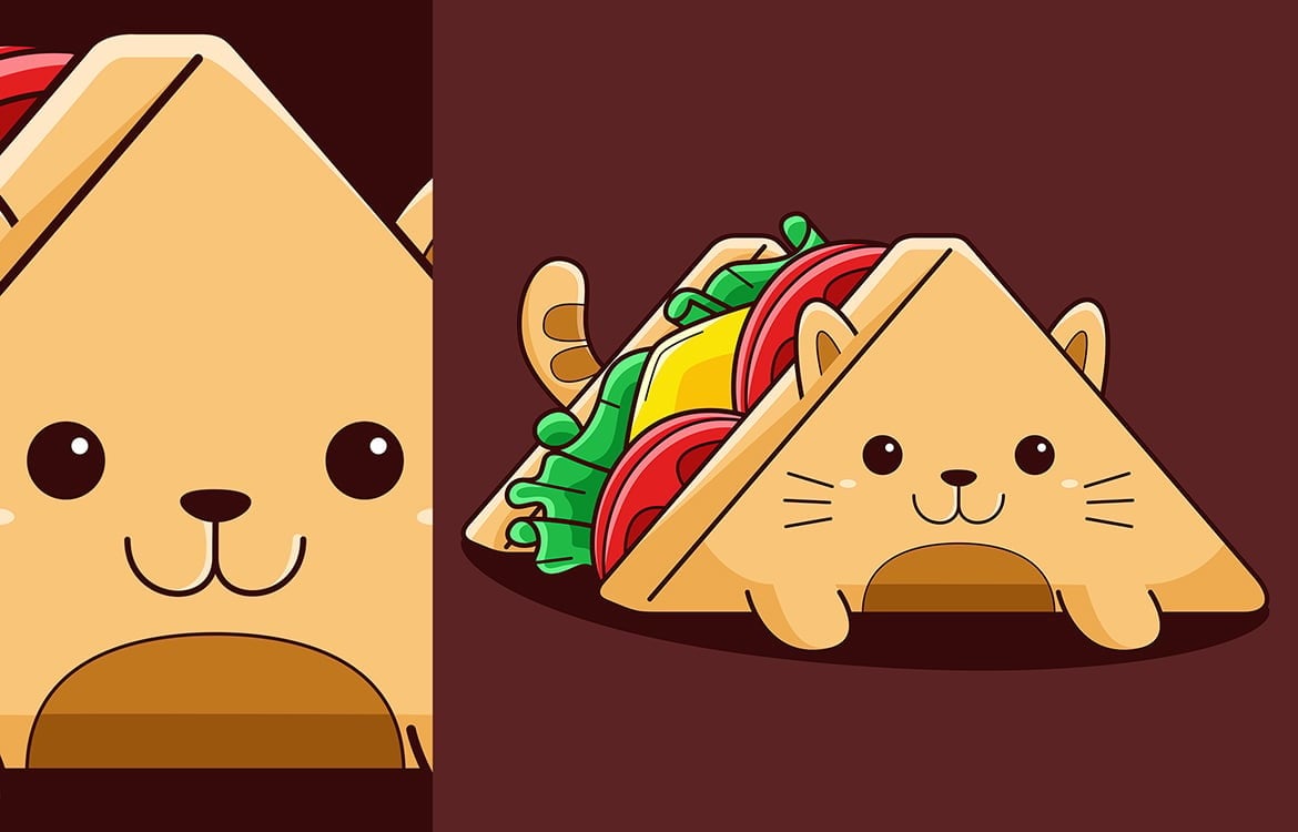 Style de dessin animé de vecteur de chat sandwich mignon, image size:1170x750