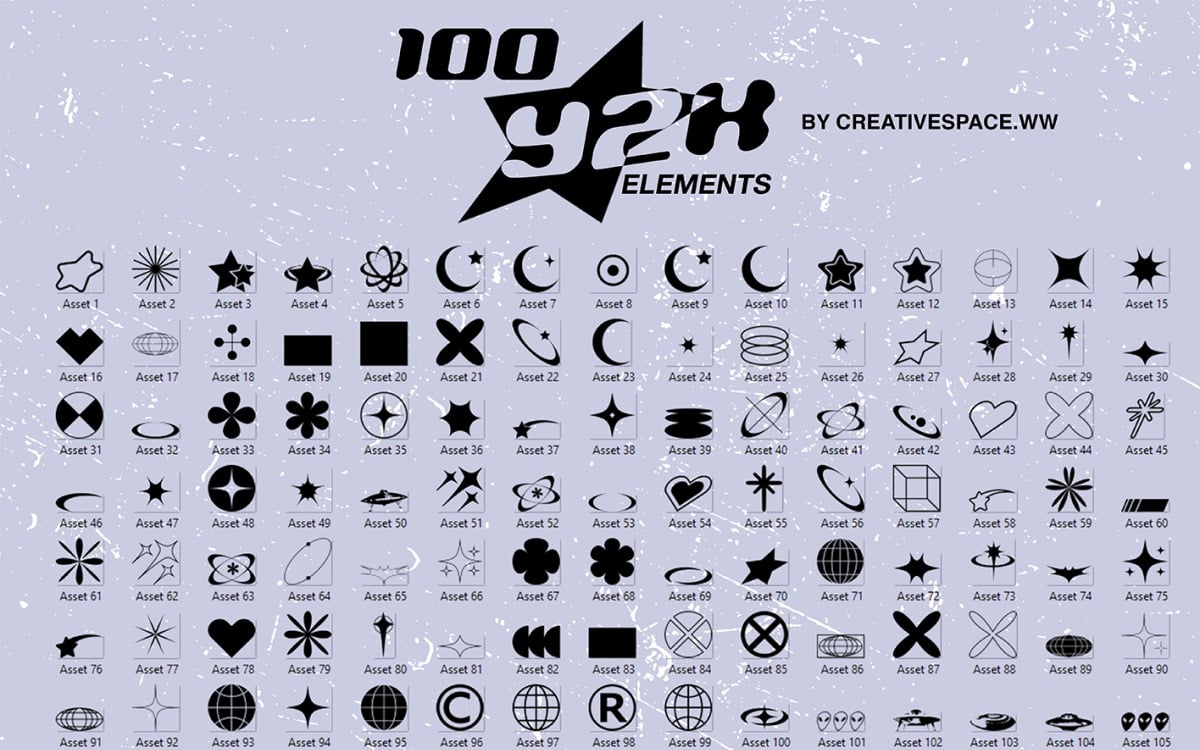 Y2K Aesthetic icons (100 assets for Logos, graphic design, Clothing)