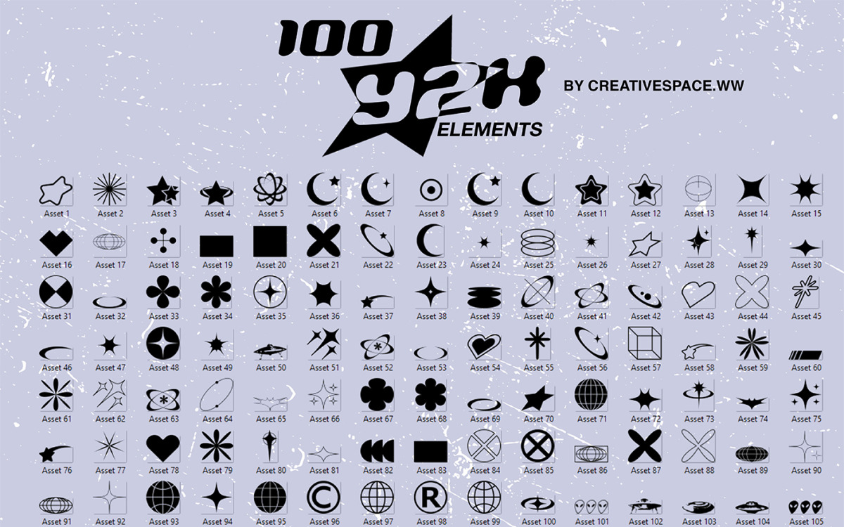 Typisch groef kiem Y2K Esthetische pictogrammen (100 items voor logos, grafisch ontwerp,  kleding)