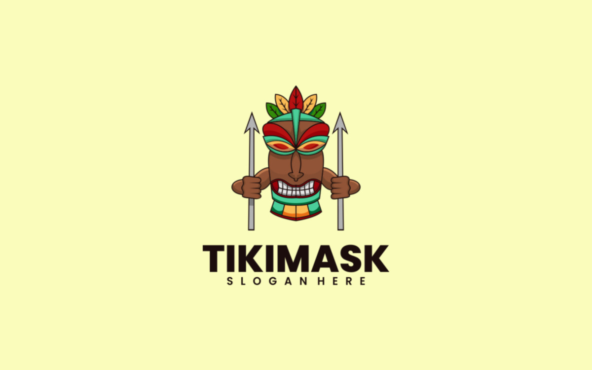 Tiki bar logo design with tiki mask on the beach. Emblem with island, palm  tree, sea and sun in the background. Vector illustration. Stock Vector |  Adobe Stock
