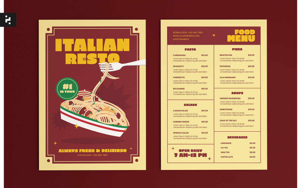 Modello di carta del menu del ristorante di cucina italiana. Icone