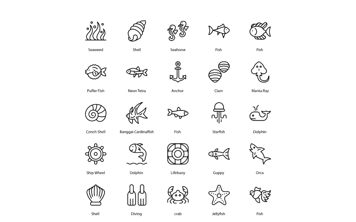 Sea themed icons and fishing items