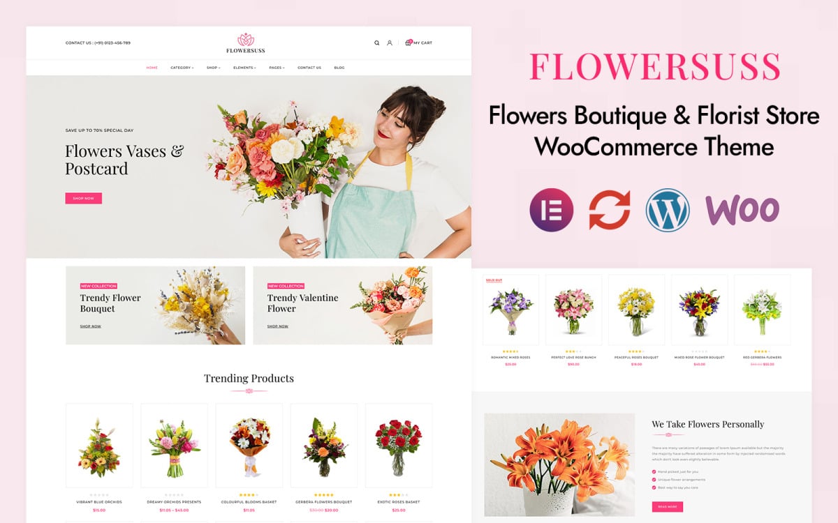 Flowersuss - Флорист и цветочный магазин Elementor Адаптивная тема для  WooCommerce