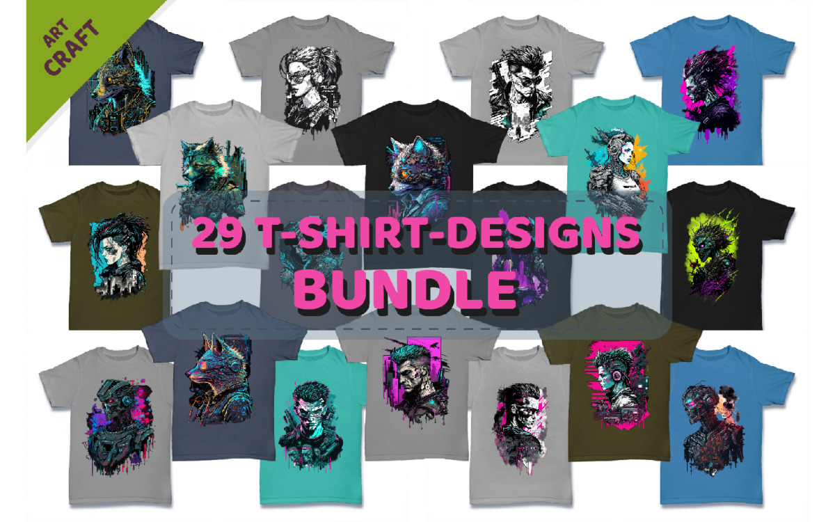 Bundle 29 T-Shirt-designs. Cyberpunk style. - TemplateMonster