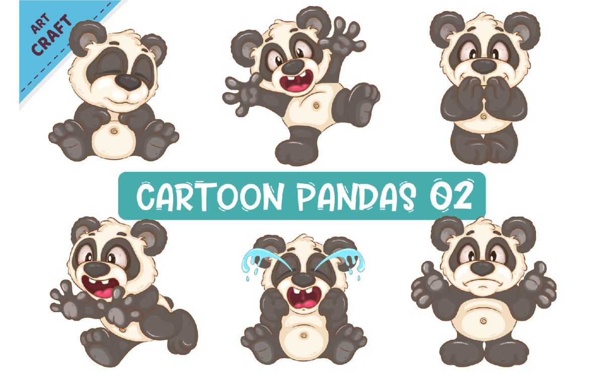 Conjunto de Pandas de dibujos animados 02. Arte animal.