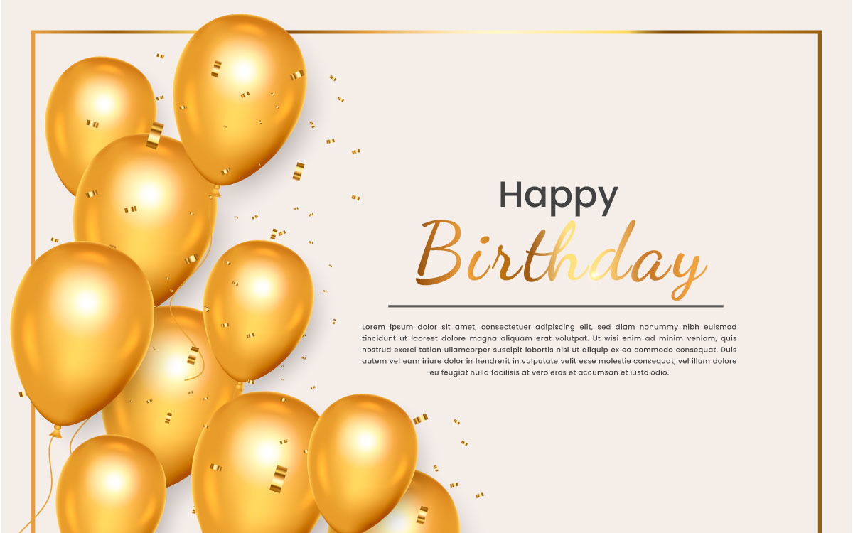 Auguri di compleanno con palloncino dorato realistico impostato con sfondo  di palloncino di coriandoli dorati