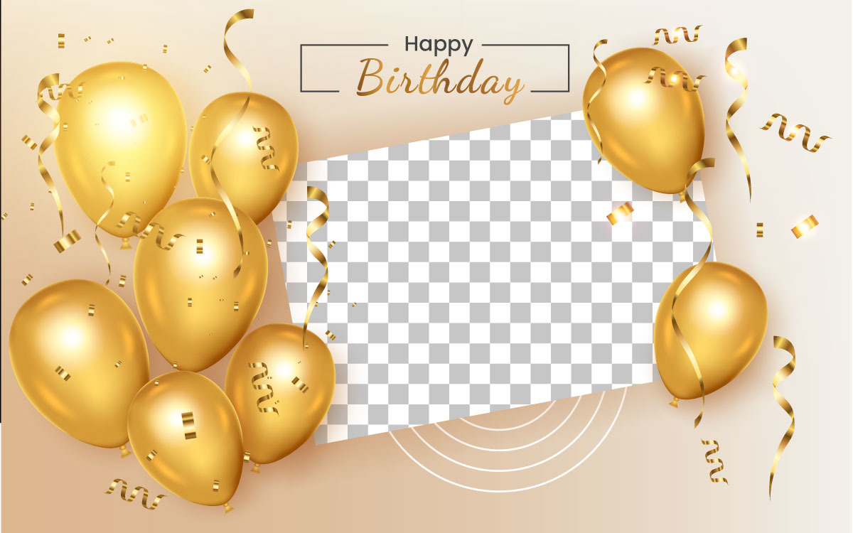 Cornice di compleanno con palloncino dorato realistico con stile confitty  dorato
