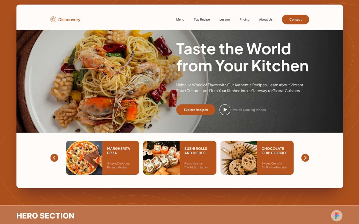 Dishcovery - Шаблон Figma раздела героя рецептов еды