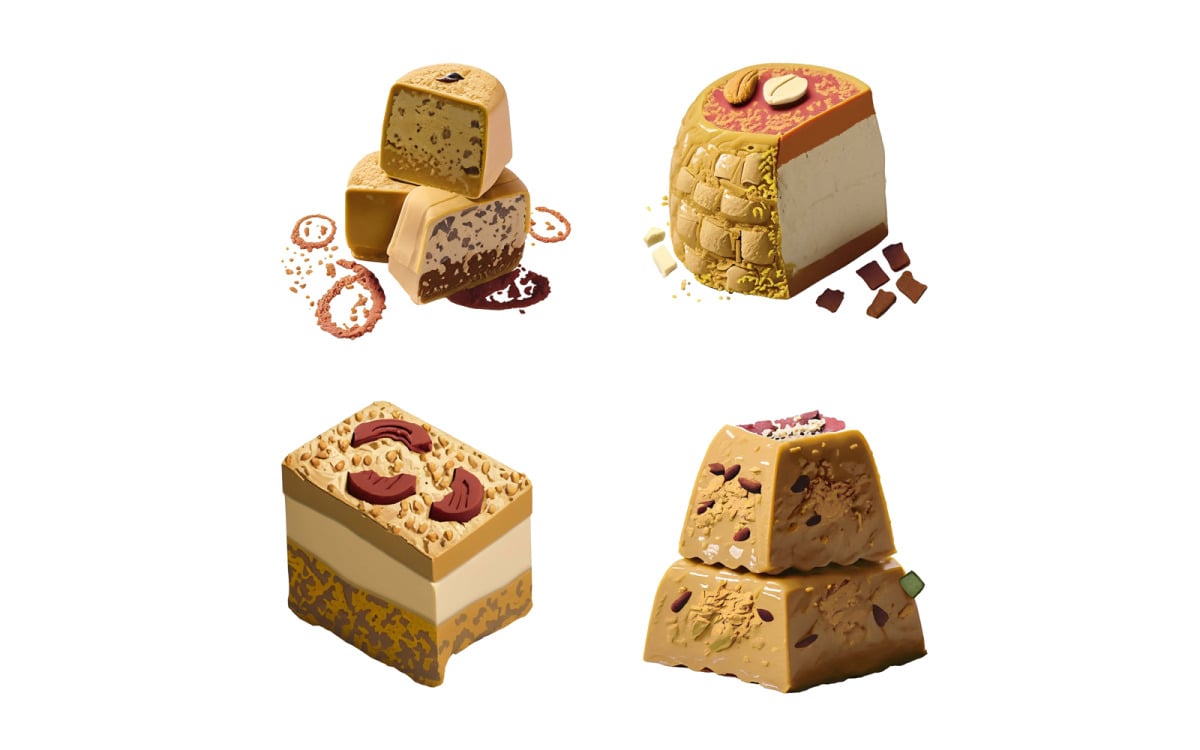 Ensemble de différents types de Halva, bonbons au chocolat isolés sur fond  blanc., image size:1200x750