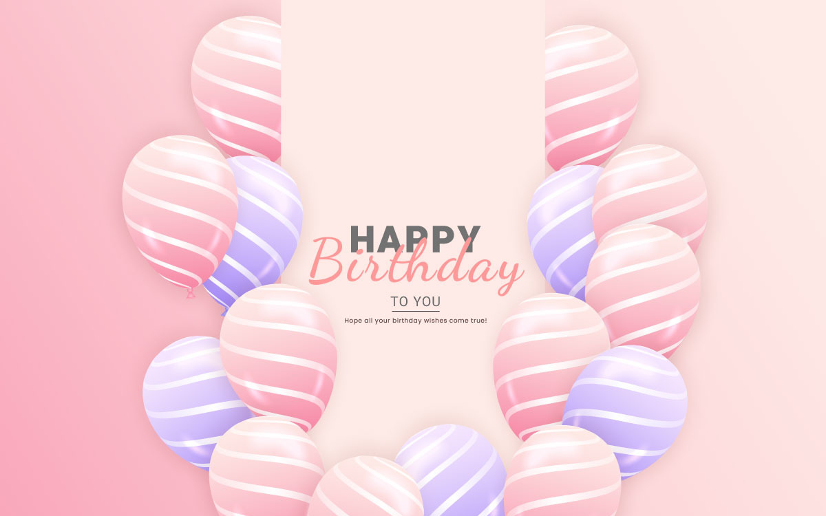 Illustration horizontale de joyeux anniversaire avec ballon rose et violet  réaliste 3d