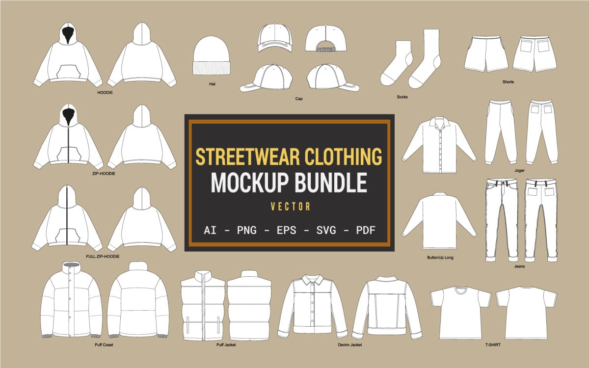 Streetwear Clothing Vector Mockup Tech Pack - TemplateMonster