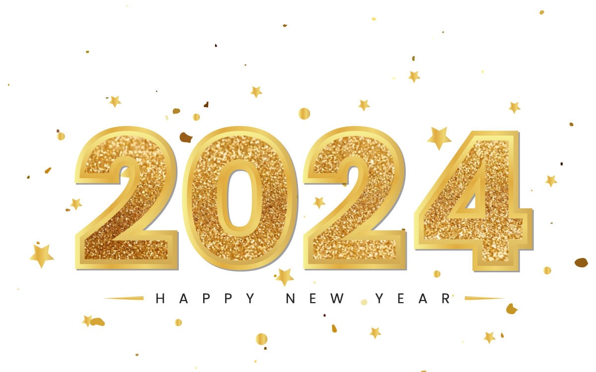 Bonne Année 2024 Lettrage Doré Avec Fond De Confettis Vecteur PNG