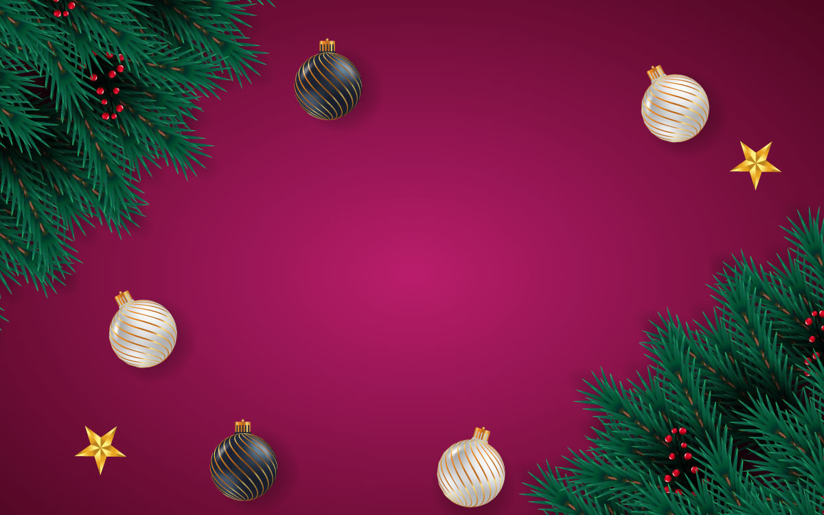 Vector christmas background decoration on red background with pine branch  and christmas ball, image size:1200x750