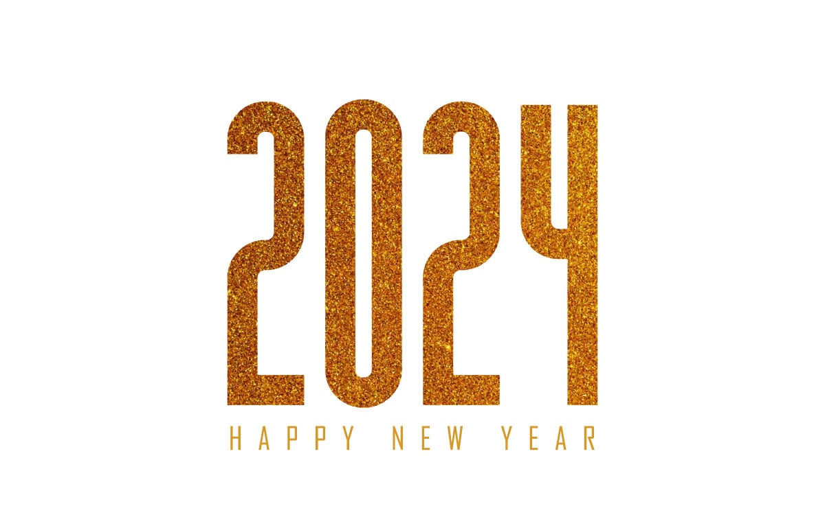 Lettrage décoratif doré du nouvel an 2024 avec fond de confettis dorés