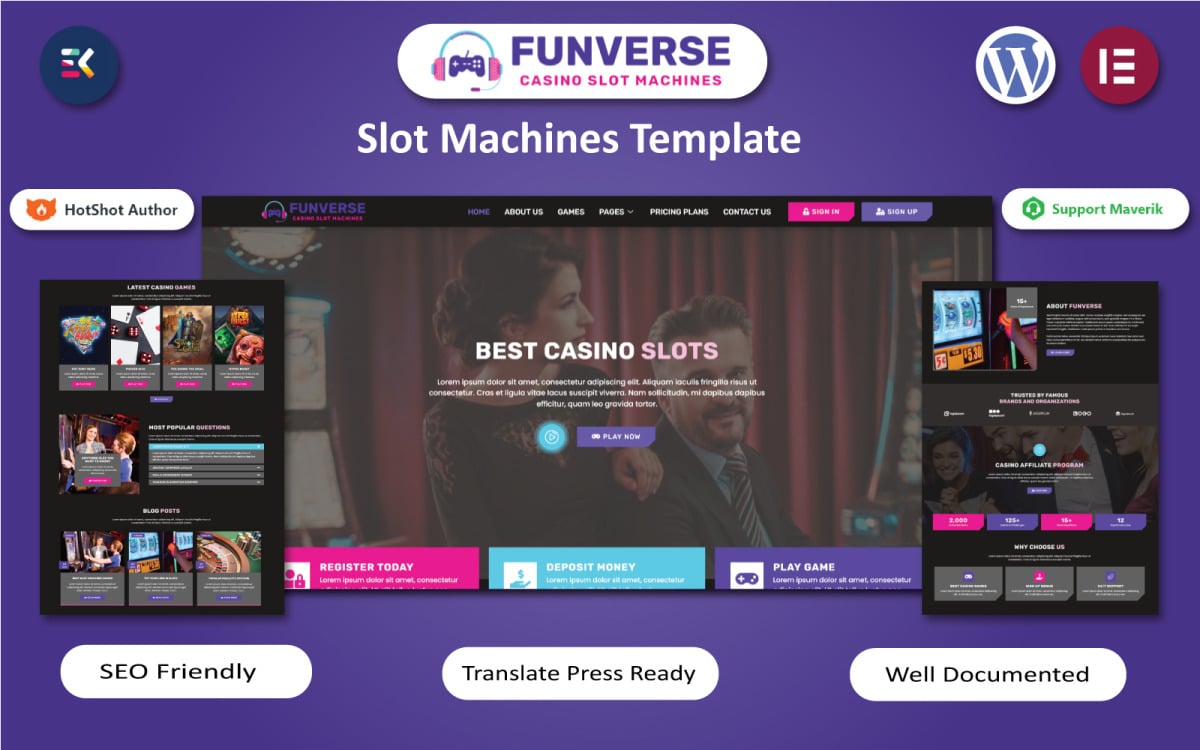 FunVerse — онлайн-казино, игры и игровые автоматы, WordPress Elementor  шаблон