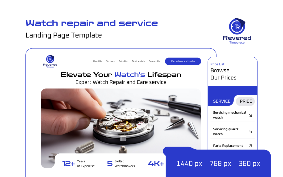 Revered Timepiece Watch Repair and Service Landing Page UI Template