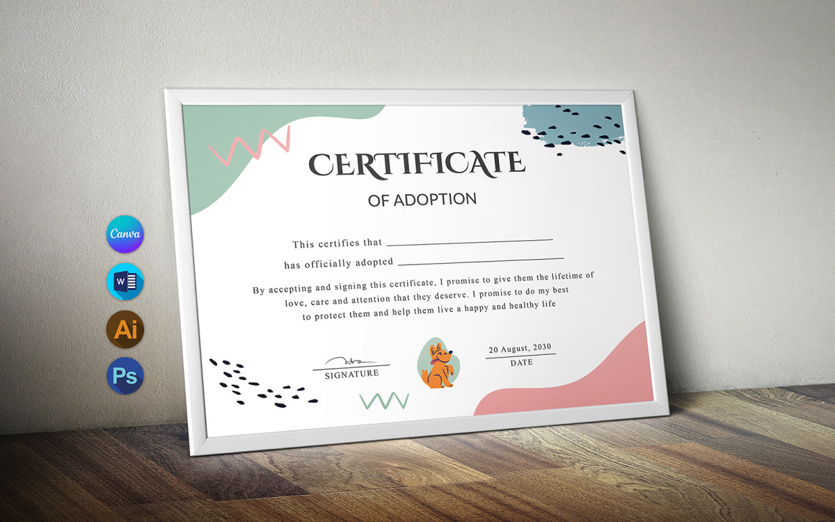 dog-adoption-certificate-canva-word-templatemonster for Blank Pet Adoption Certificate Free Printable Dog Adoption Certificate Canva & Word - TemplateMonster for Blank Pet Adoption Certificate Free Printable