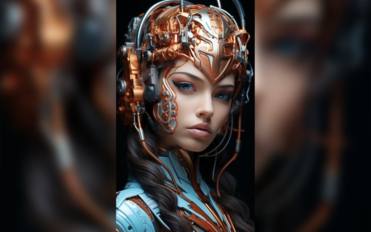 Close-up anthropomorphic Female robot futuristic Cyberpunk 101