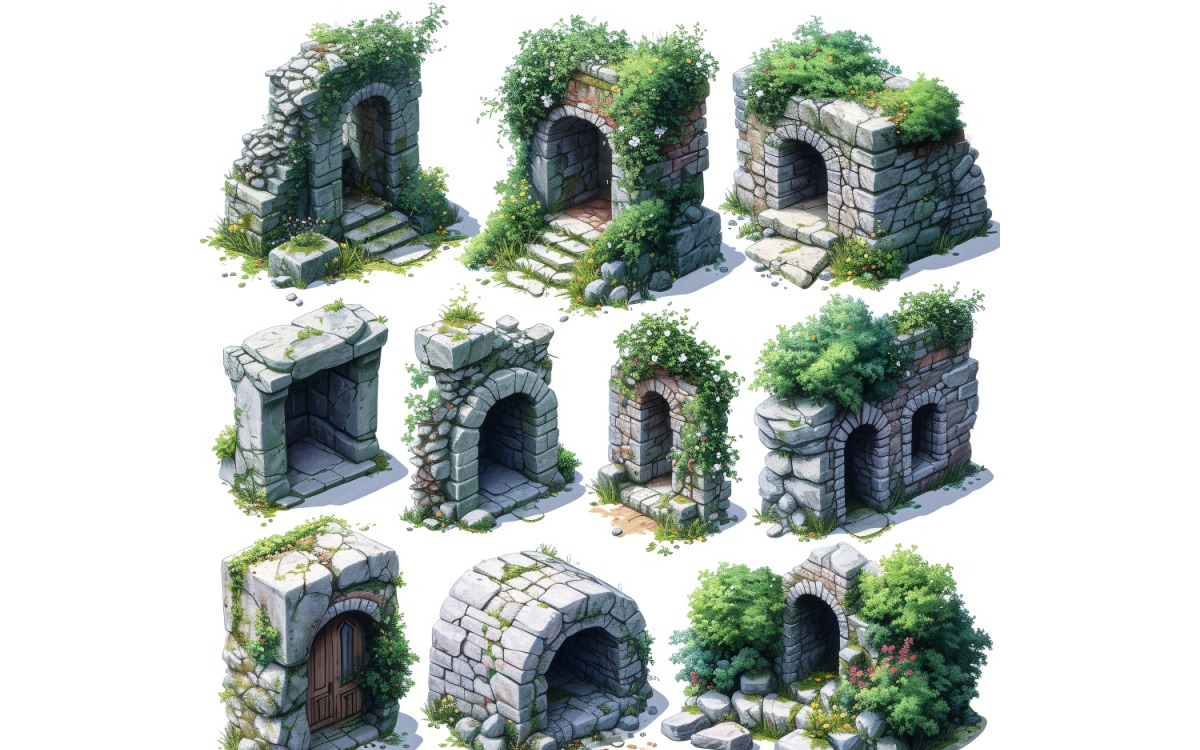 Entrance to catacombs Set of Video Games Assets Sprite Sheet White  background 2