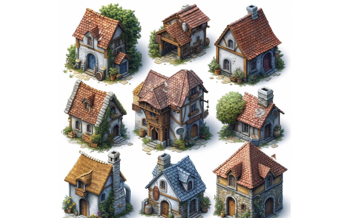 Inns and taverns with signs Set of Video Games Assets Sprite Sheet White  background 5