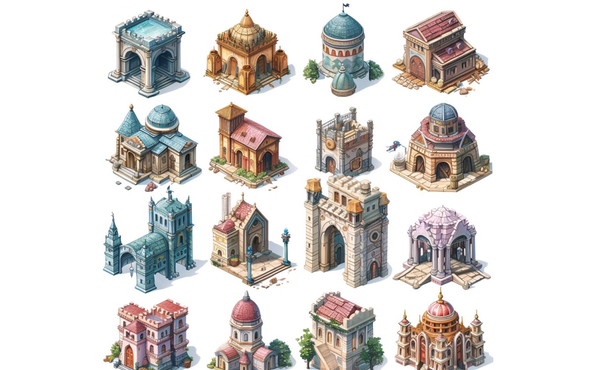 Inns and taverns with signs Set of Video Games Assets Sprite Sheet White  background 9