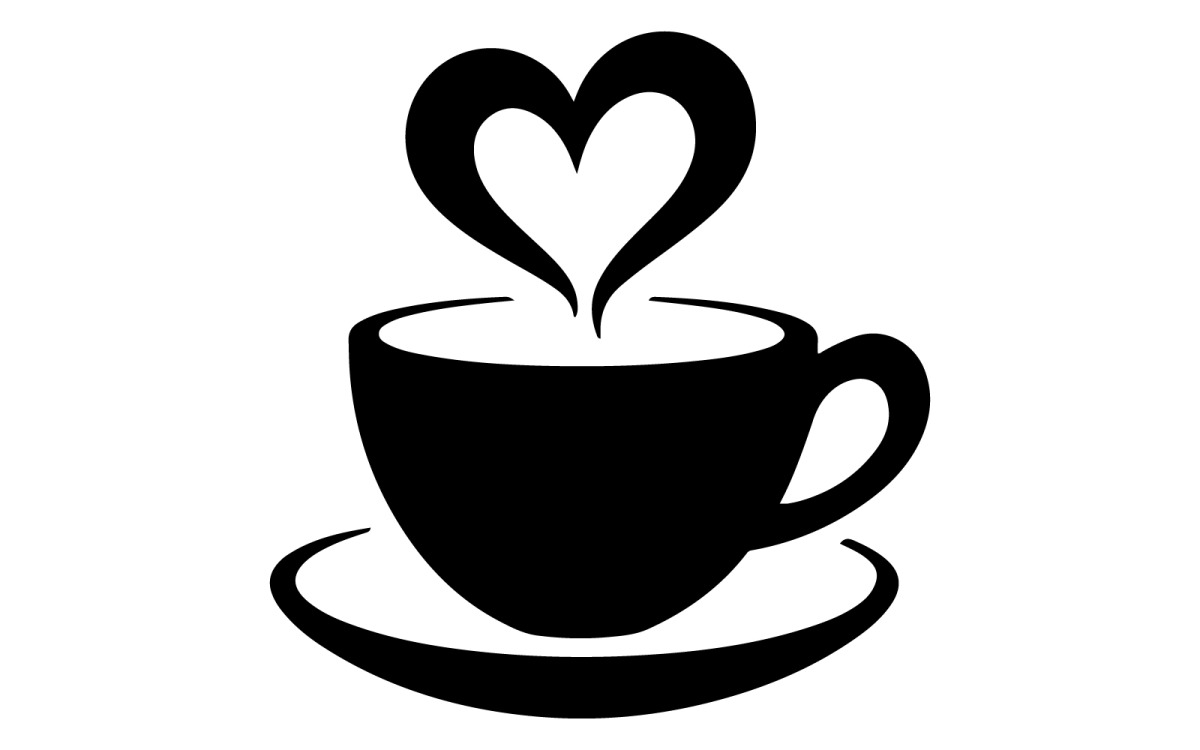A simple black silhouette of a steaming coffee cup, image size:1200x750