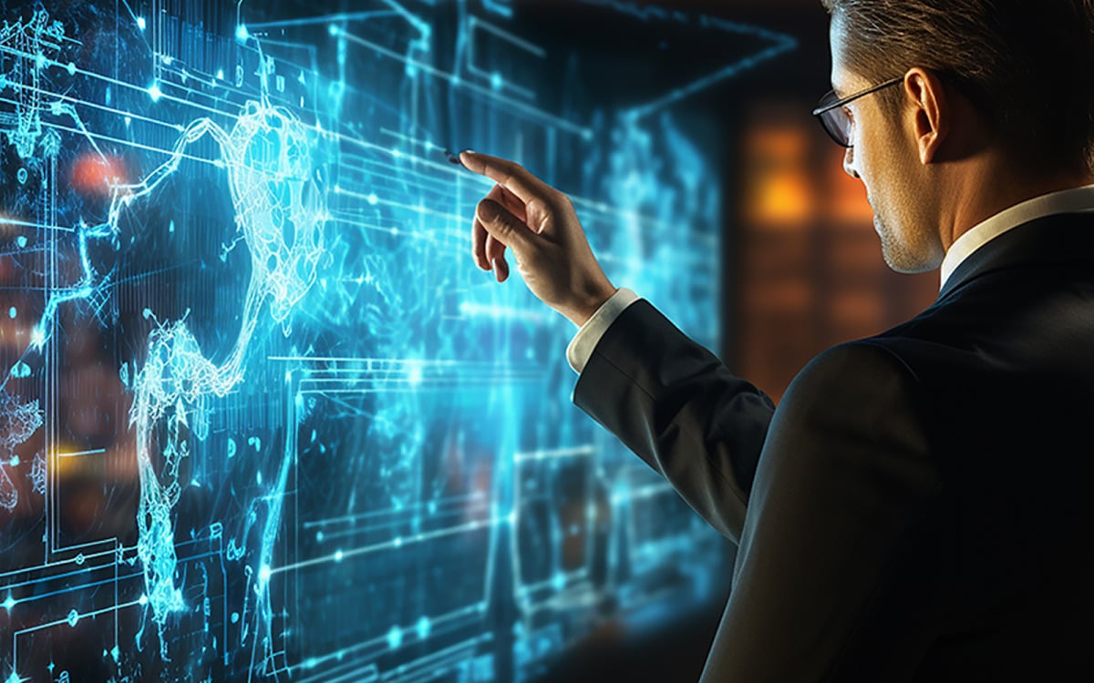 AI, Machine learning, Hands of robot and human touching on big