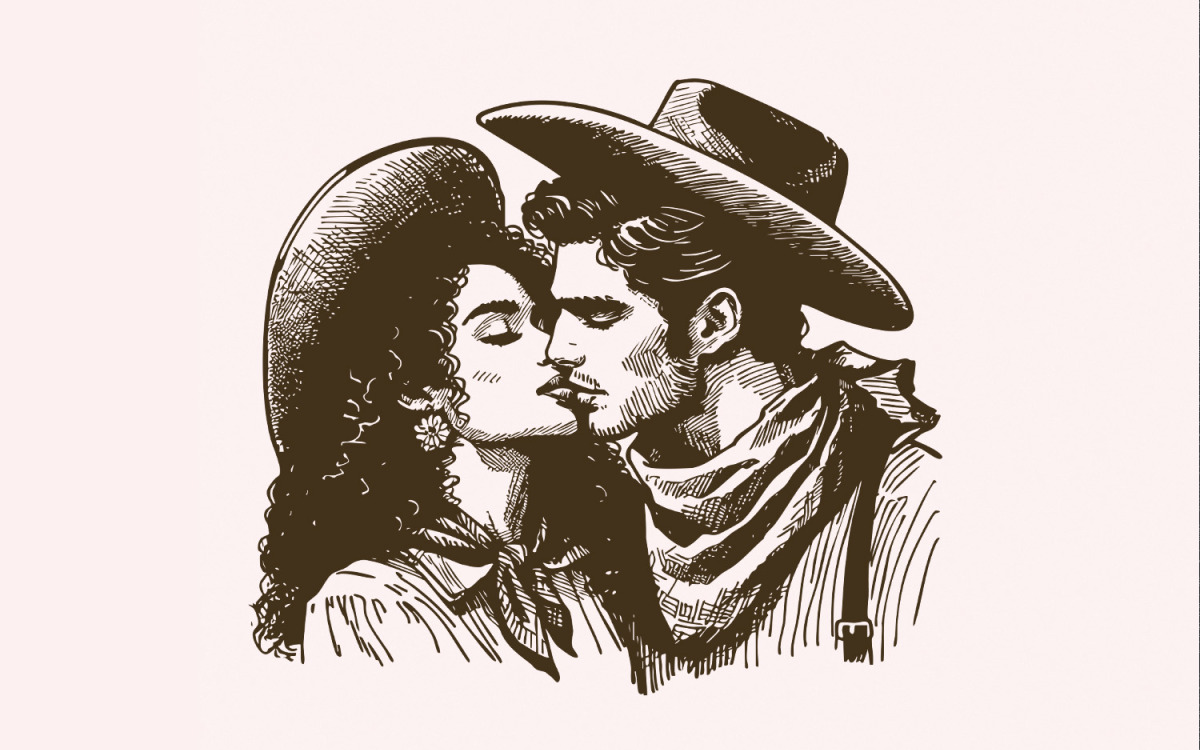 Western Cowboy Cowgirl Kiss PNG, Vintage Illustration, Digital Download,  Trendy Western Valentine,, image size:1200x750