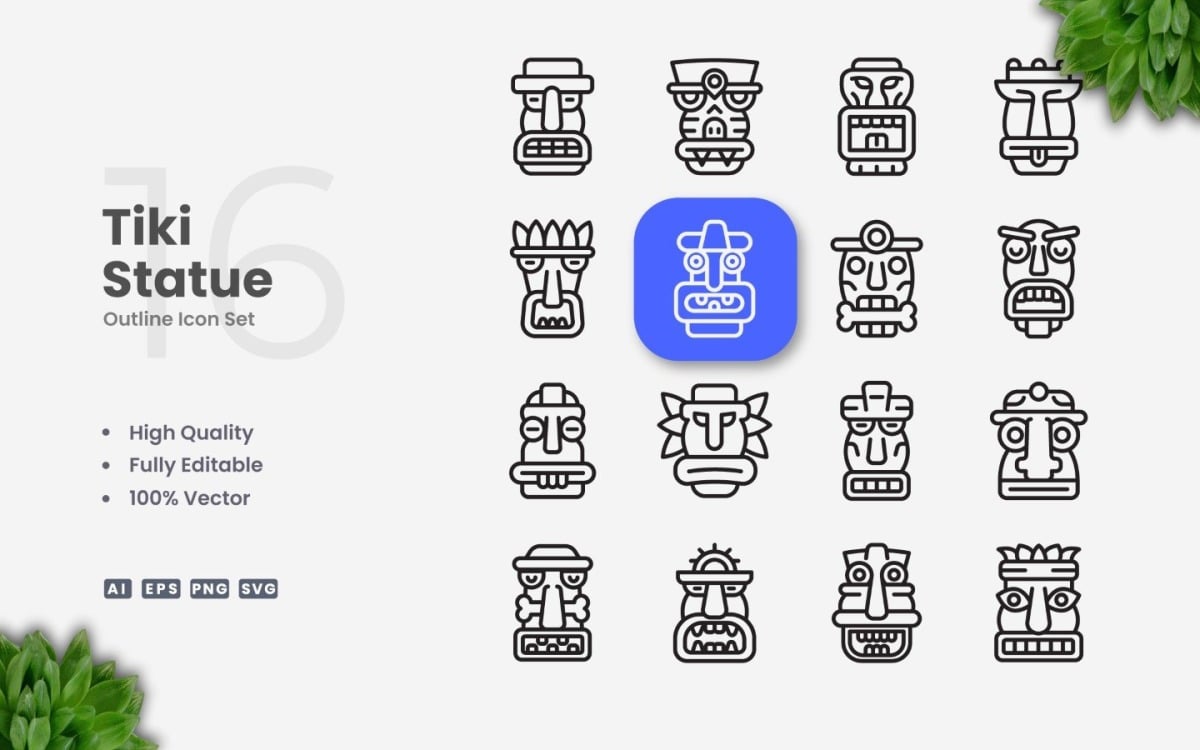 16 Tiki-beeld-omtrek-icoonset, image size:1200x750