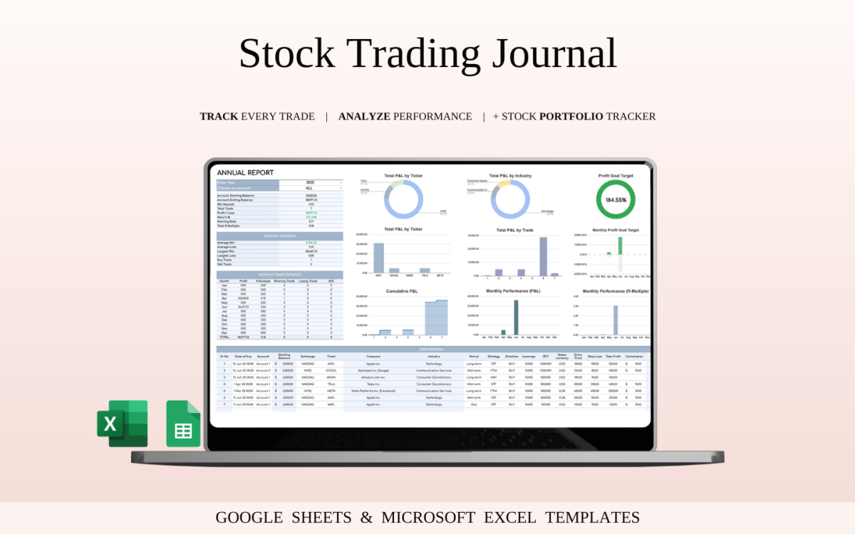 Google 表格和Excel 的股票交易日志模板#529501 - TemplateMonster