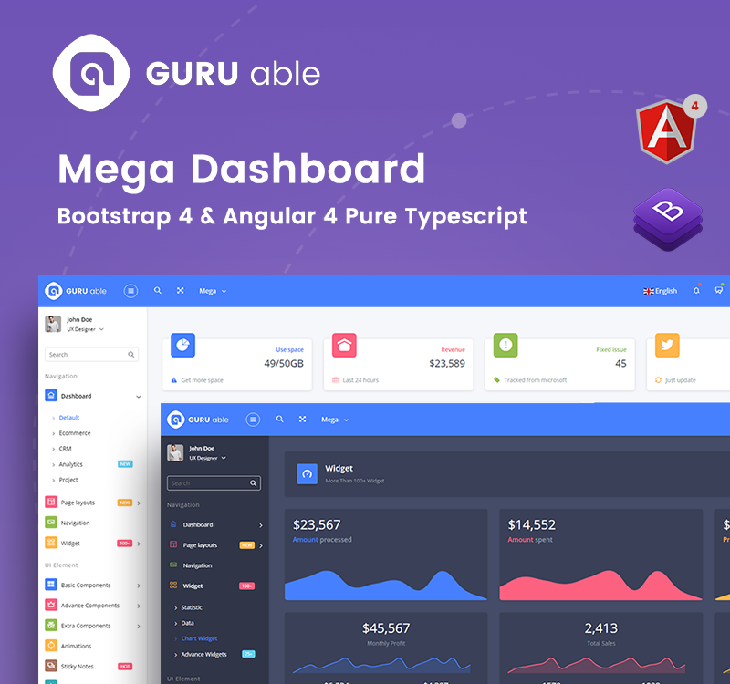 Guru Able Bootstrap 4 + Angular 4 Pure Typescript Version Admin Template