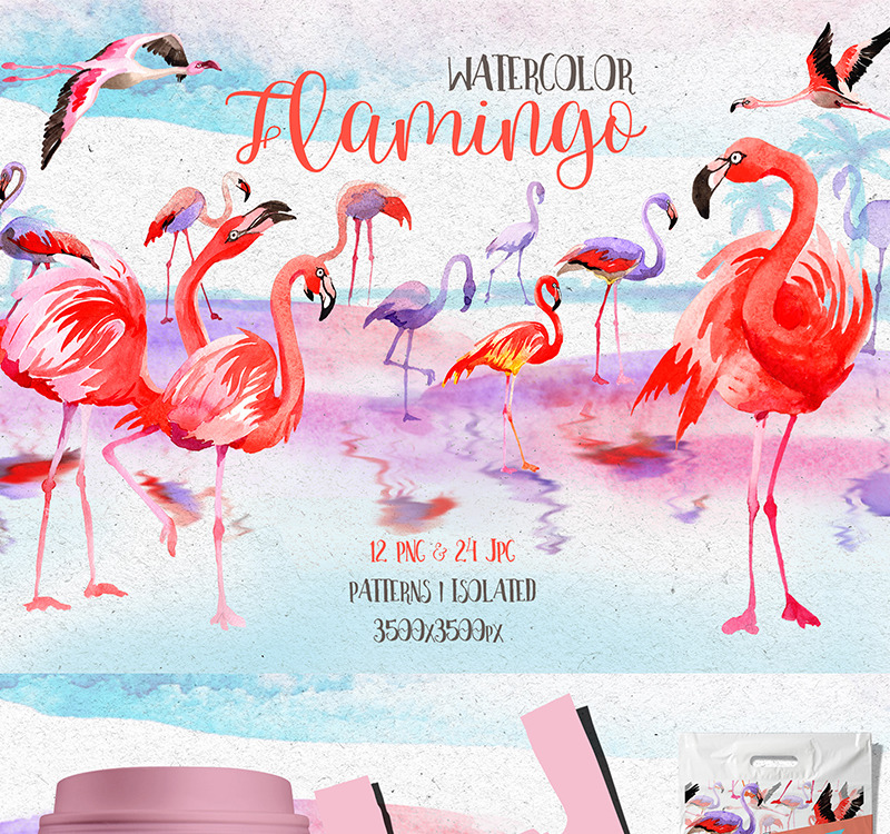 Download Watercolor Pink Flamingo Png Set Illustration