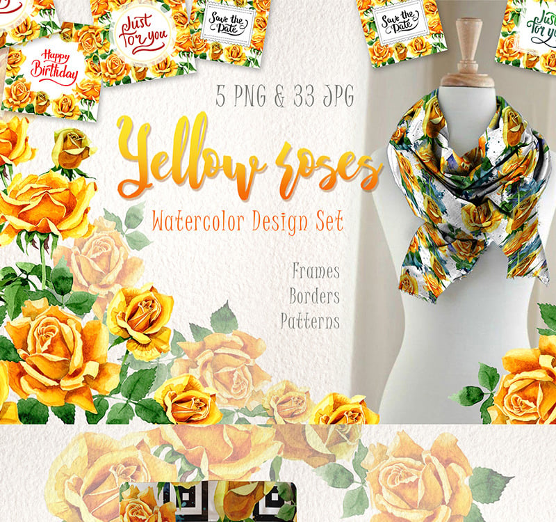 Rosas amarillas PNG Acuarela Creative Set - Ilustración