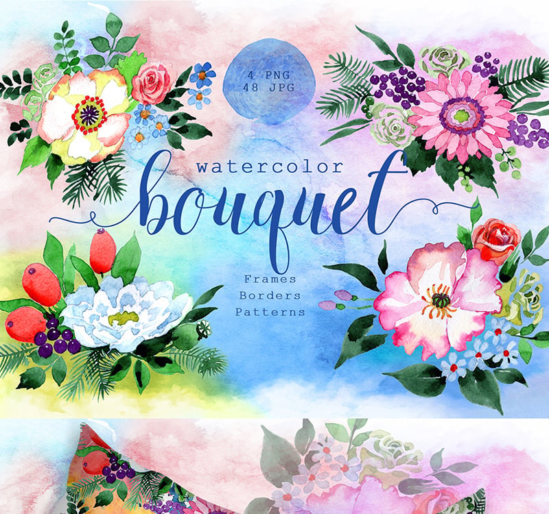 Cuatro maravillosos ramo de flores PNG Acuarela Set - Ilustración