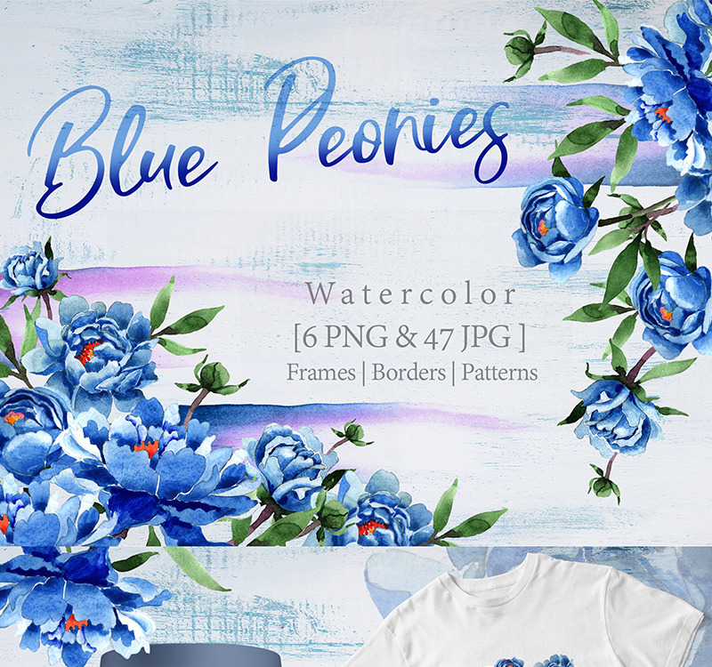 Peonías azules frescas PNG Conjunto de flores de acuarela - Ilustración