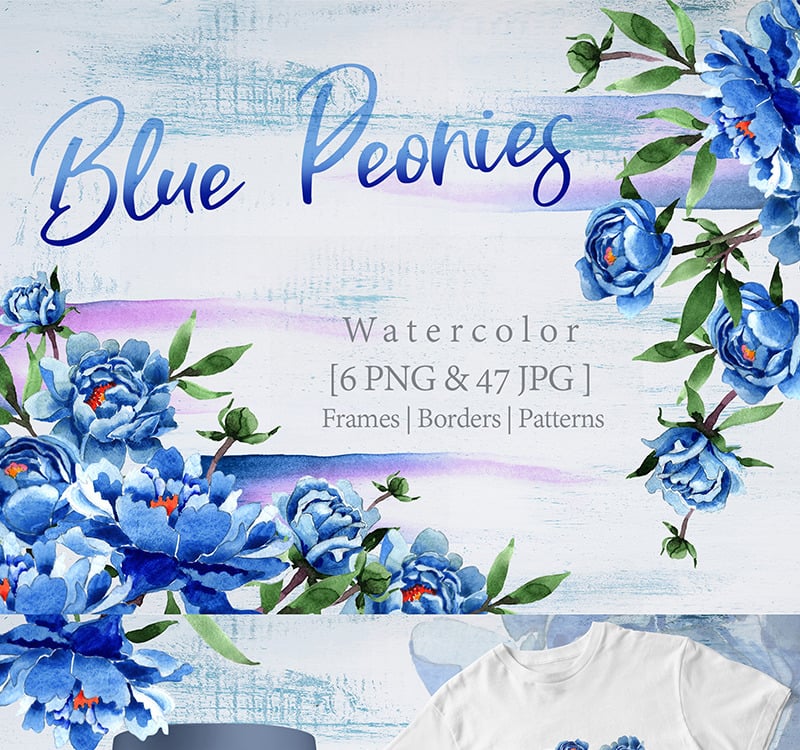 Peonías azules frescas PNG Conjunto de flores de acuarela - Ilustración