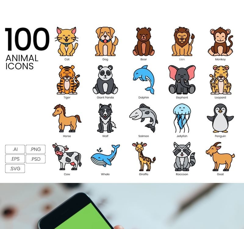 100 Animal Icons - Vivid Series Set #91356 - TemplateMonster