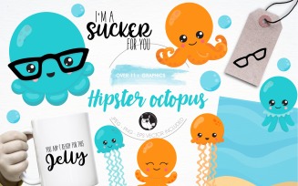 Hipster octopus illustration pack - Vector Image