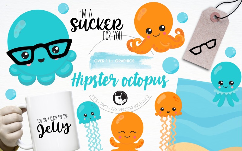 Hipster octopus illustration pack - Vector Image Vector Graphic